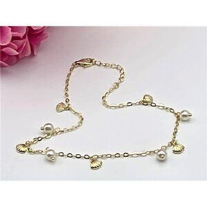 Gold Vermeil Sterling Anklet 10" Dangle Pearl Clam Shell Charm 925 FZN China